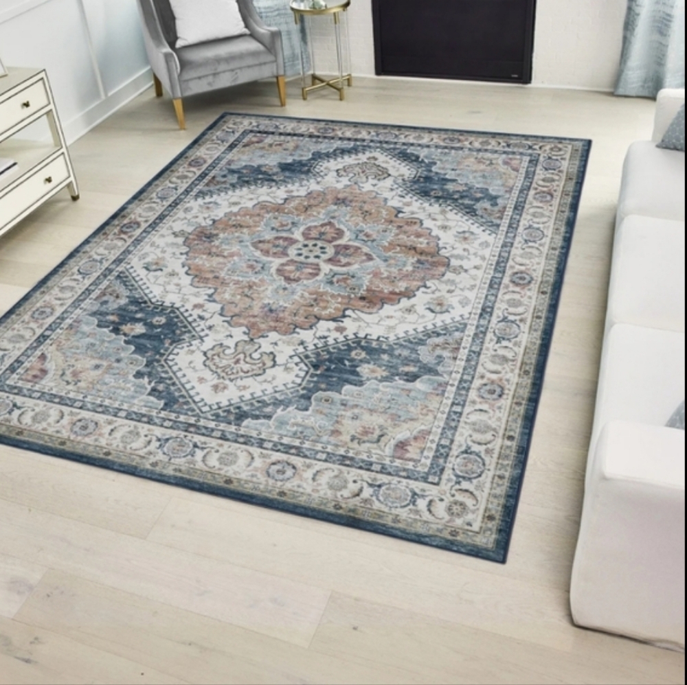 Green Blue and Cream Machine Washable Area Rug - Picture 5 of 8